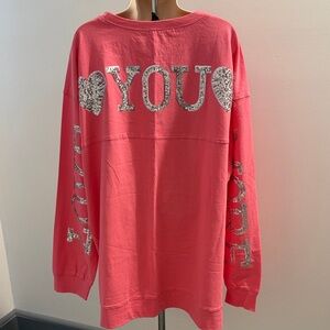 Fantastic Fawn Pink Sequin Sweatshirt LOVE YOU MORE Size Large oversized